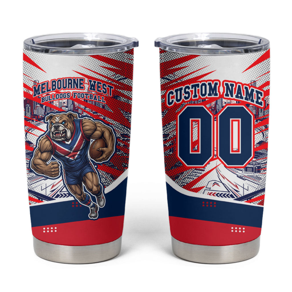 Personalised Western Bulldogs Fan Pride Tumbler Cup Muscular Bulldog Mascot Graphic Art With Melbourne City Skyline