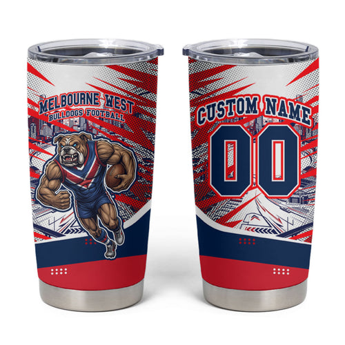 Personalised Western Bulldogs Fan Pride Tumbler Cup Muscular Bulldog Mascot Graphic Art With Melbourne City Skyline