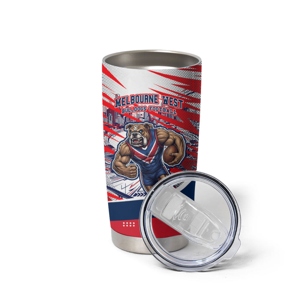 Personalised Western Bulldogs Fan Pride Tumbler Cup Muscular Bulldog Mascot Graphic Art With Melbourne City Skyline