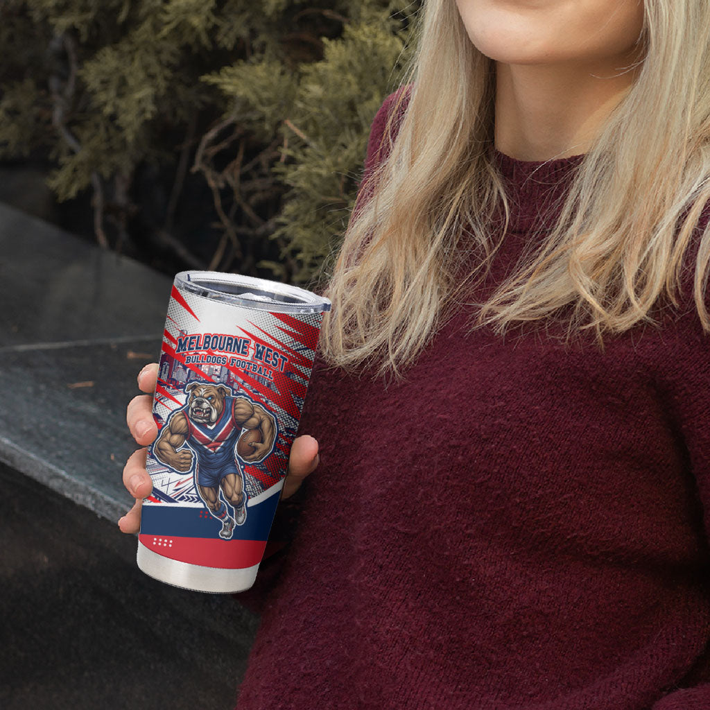 Personalised Western Bulldogs Fan Pride Tumbler Cup Muscular Bulldog Mascot Graphic Art With Melbourne City Skyline
