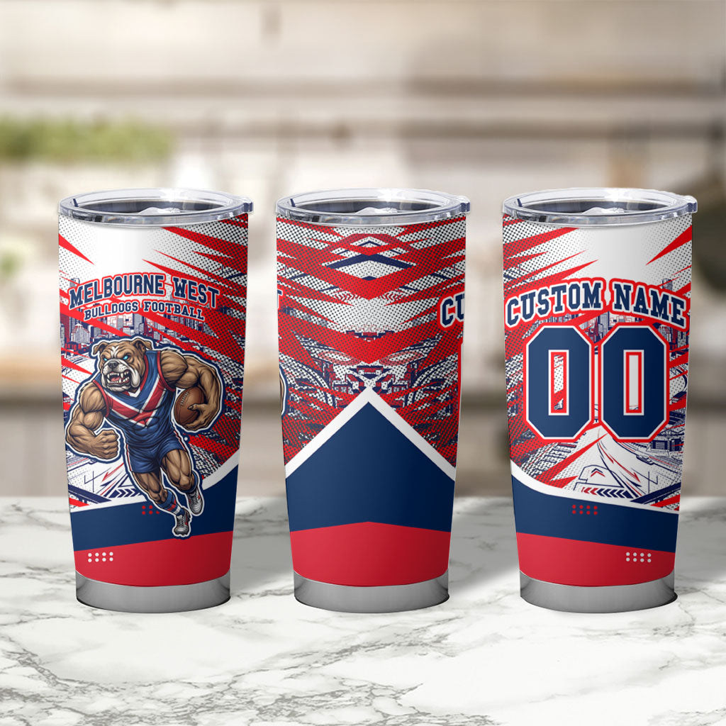 Personalised Western Bulldogs Fan Pride Tumbler Cup Muscular Bulldog Mascot Graphic Art With Melbourne City Skyline