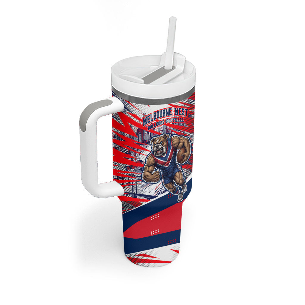 Personalised Western Bulldogs Fan Pride Tumbler With Handle Muscular Bulldog Mascot Graphic Art With Melbourne City Skyline