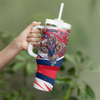 Personalised Western Bulldogs Fan Pride Tumbler With Handle Muscular Bulldog Mascot Graphic Art With Melbourne City Skyline