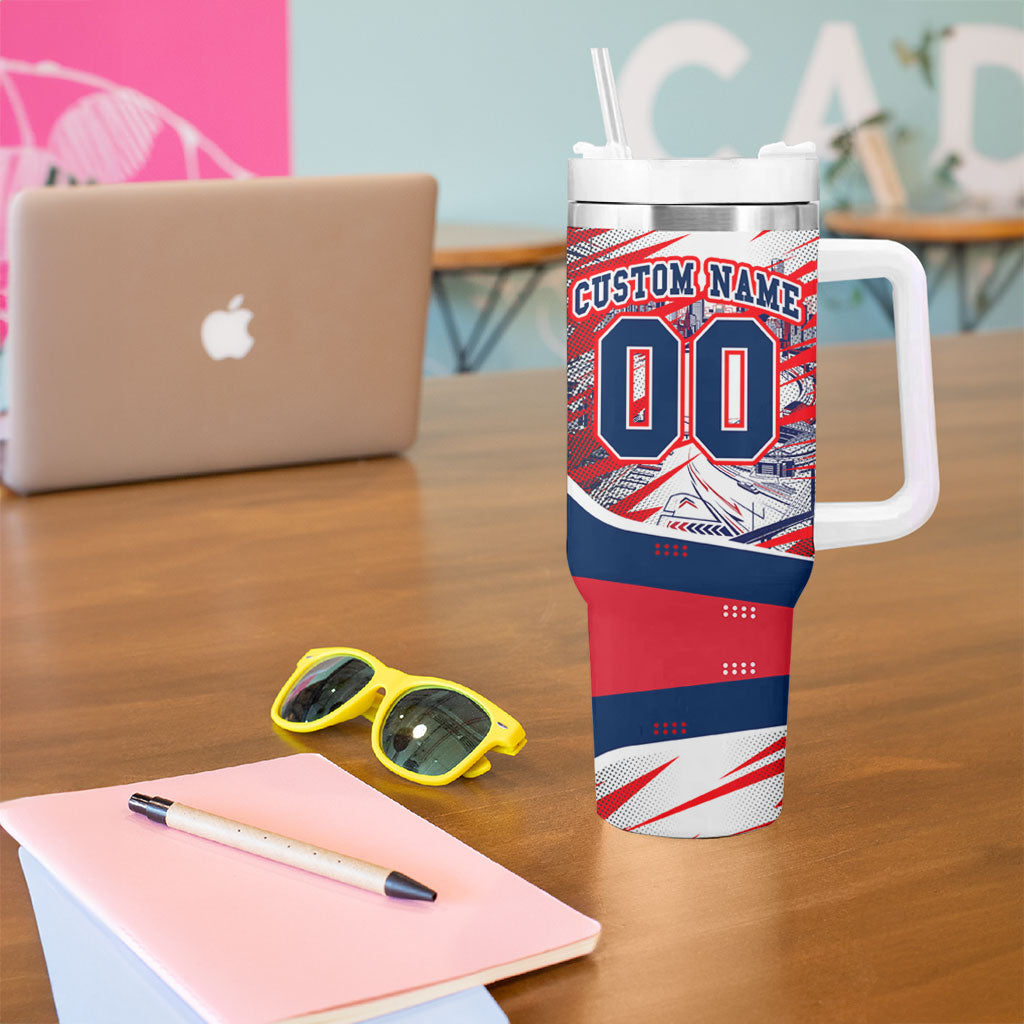 Personalised Western Bulldogs Fan Pride Tumbler With Handle Muscular Bulldog Mascot Graphic Art With Melbourne City Skyline