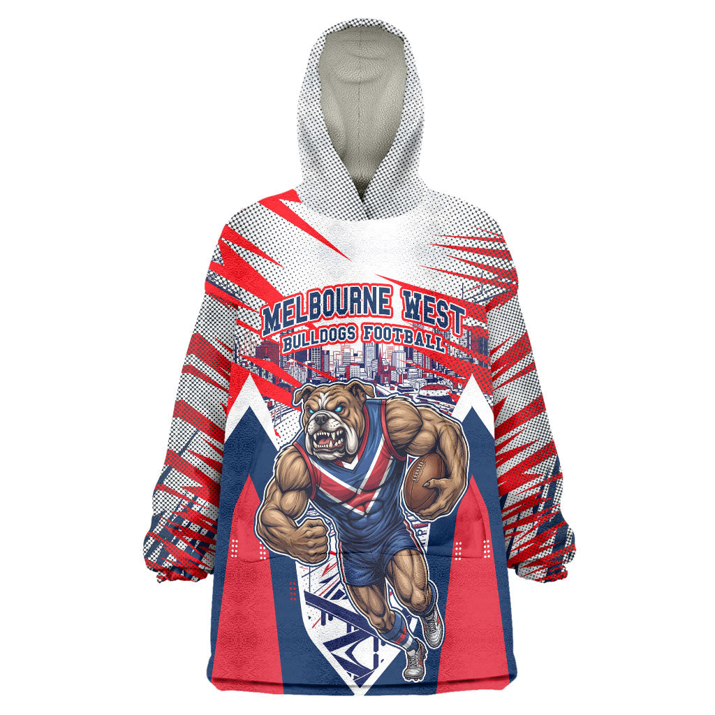 Personalised Western Bulldogs Fan Pride Wearable Blanket Hoodie Muscular Bulldog Mascot Graphic Art With Melbourne City Skyline