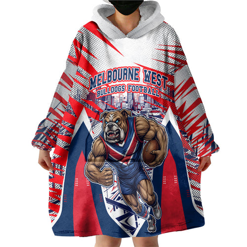 Personalised Western Bulldogs Fan Pride Wearable Blanket Hoodie Muscular Bulldog Mascot Graphic Art With Melbourne City Skyline