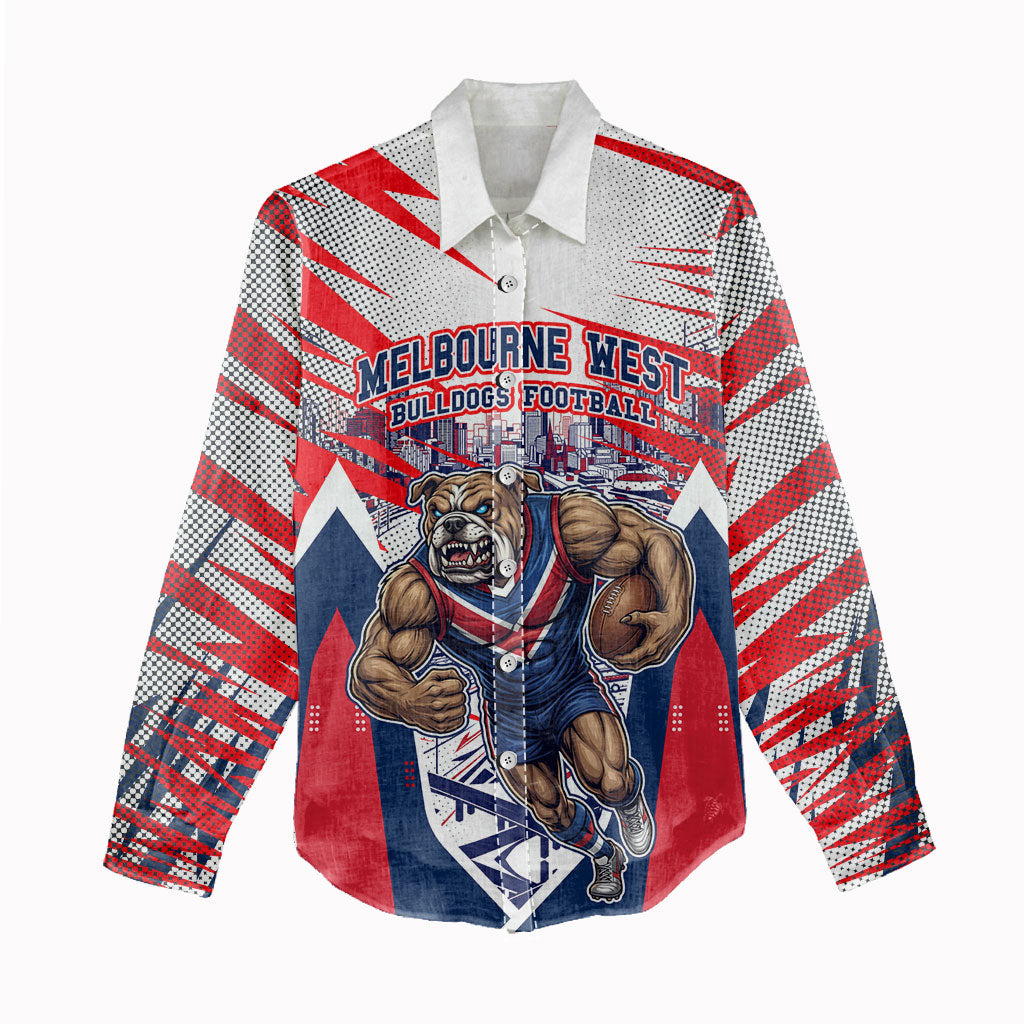 Personalised Western Bulldogs Fan Pride Women Casual Shirt Muscular Bulldog Mascot Graphic Art With Melbourne City Skyline