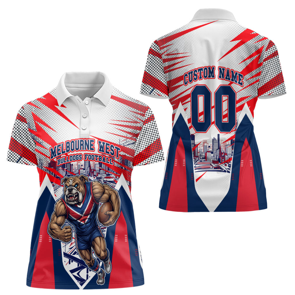 Personalised Western Bulldogs Fan Pride Women Polo Shirt Muscular Bulldog Mascot Graphic Art With Melbourne City Skyline