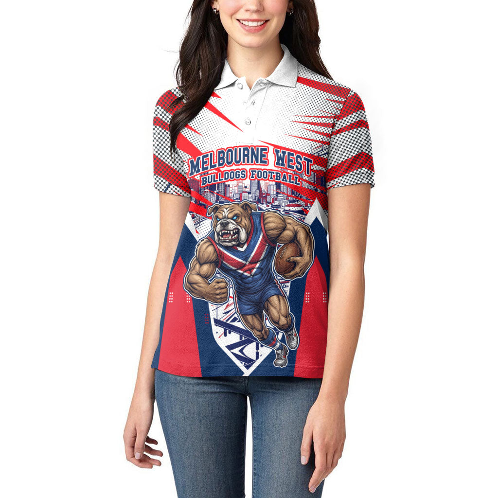 Personalised Western Bulldogs Fan Pride Women Polo Shirt Muscular Bulldog Mascot Graphic Art With Melbourne City Skyline