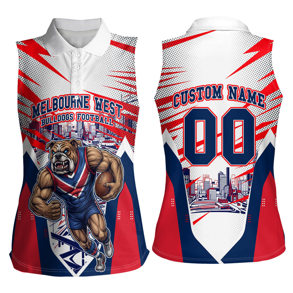Personalised Western Bulldogs Fan Pride Women Sleeveless Polo Shirt Muscular Bulldog Mascot Graphic Art With Melbourne City Skyline