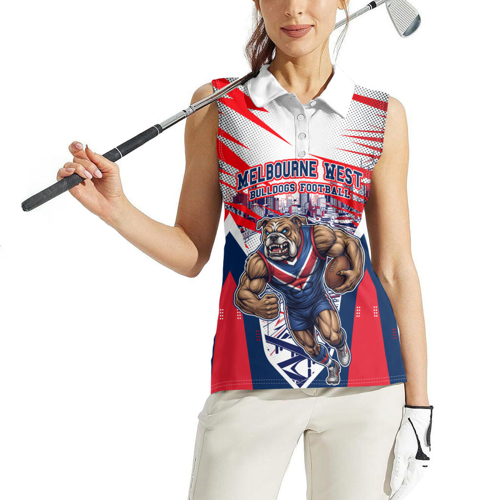 Personalised Western Bulldogs Fan Pride Women Sleeveless Polo Shirt Muscular Bulldog Mascot Graphic Art With Melbourne City Skyline