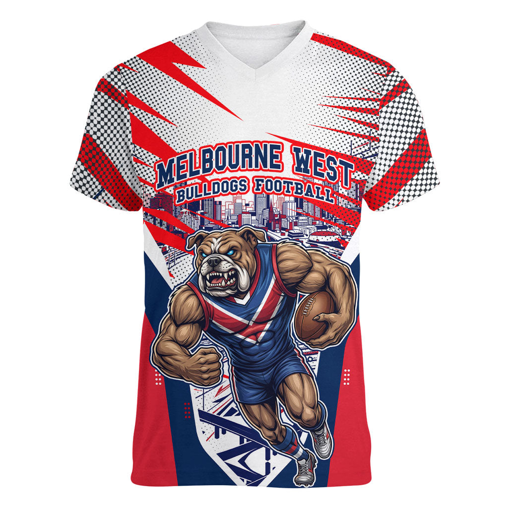 Personalised Western Bulldogs Fan Pride Women V-Neck T-Shirt Muscular Bulldog Mascot Graphic Art With Melbourne City Skyline