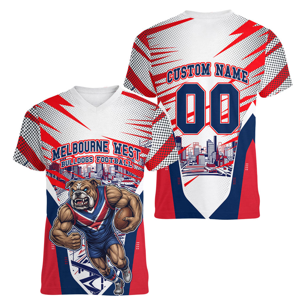 Personalised Western Bulldogs Fan Pride Women V-Neck T-Shirt Muscular Bulldog Mascot Graphic Art With Melbourne City Skyline