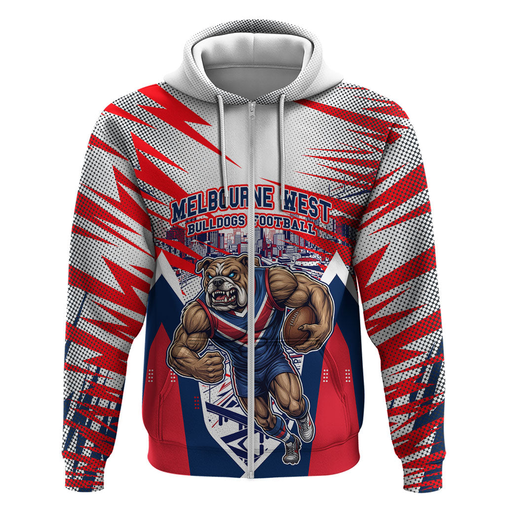 Personalised Western Bulldogs Fan Pride Zip Hoodie Muscular Bulldog Mascot Graphic Art With Melbourne City Skyline