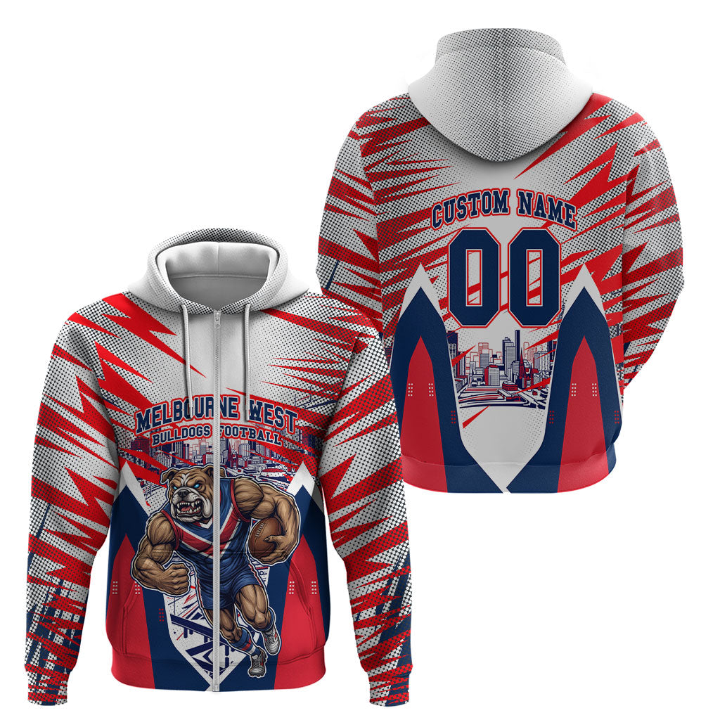 Personalised Western Bulldogs Fan Pride Zip Hoodie Muscular Bulldog Mascot Graphic Art With Melbourne City Skyline