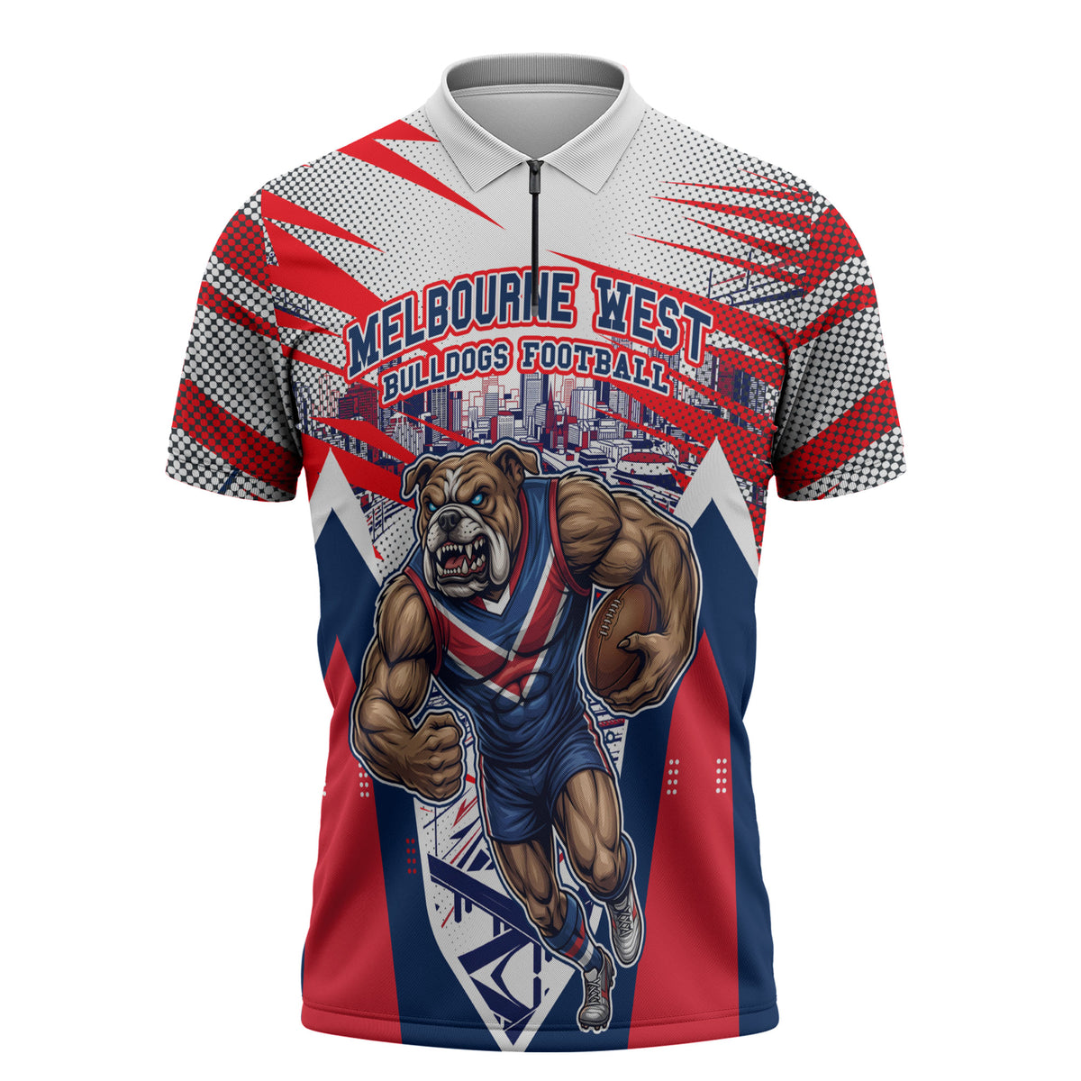 Personalised Western Bulldogs Fan Pride Zipper Polo Shirt Muscular Bulldog Mascot Graphic Art With Melbourne City Skyline