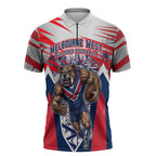 Personalised Western Bulldogs Fan Pride Zipper Polo Shirt Muscular Bulldog Mascot Graphic Art With Melbourne City Skyline