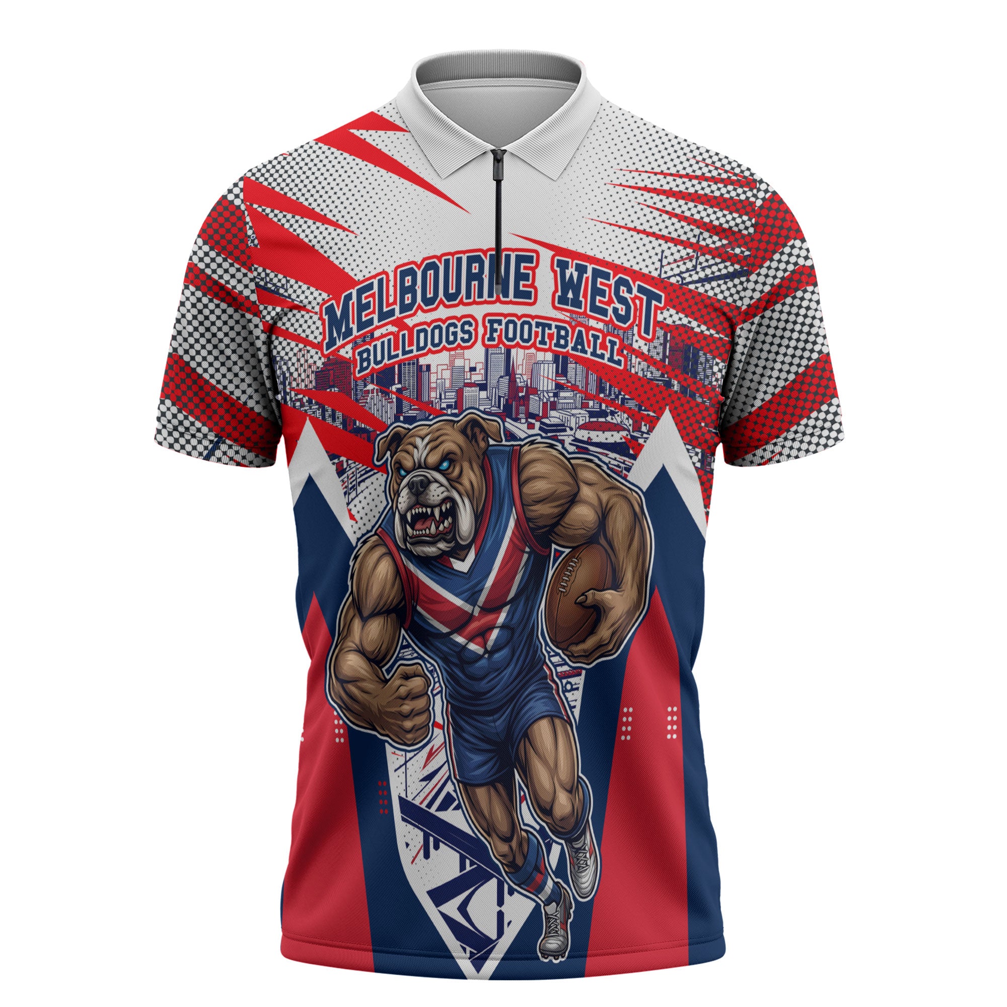 Personalised Western Bulldogs Fan Pride Zipper Polo Shirt Muscular Bulldog Mascot Graphic Art With Melbourne City Skyline