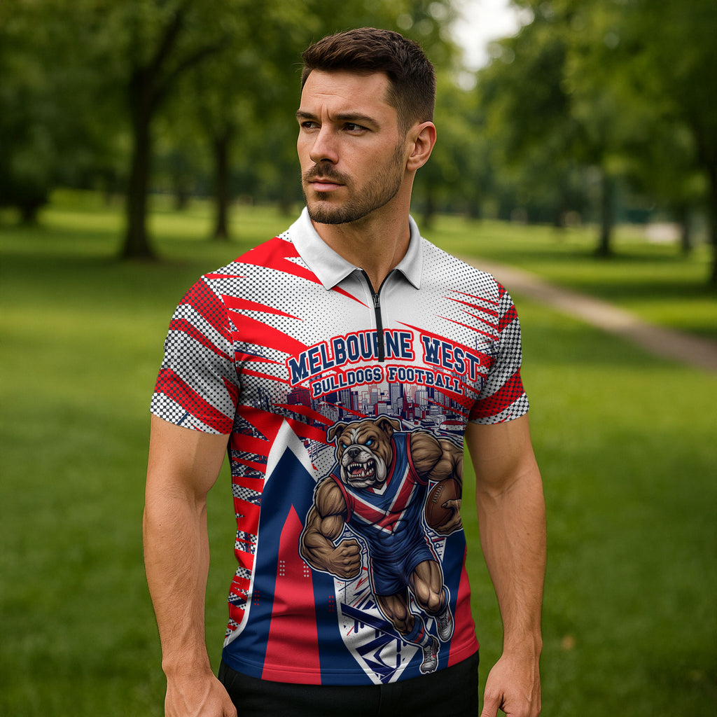 Personalised Western Bulldogs Fan Pride Zipper Polo Shirt Muscular Bulldog Mascot Graphic Art With Melbourne City Skyline