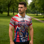 Personalised Western Bulldogs Fan Pride Zipper Polo Shirt Muscular Bulldog Mascot Graphic Art With Melbourne City Skyline