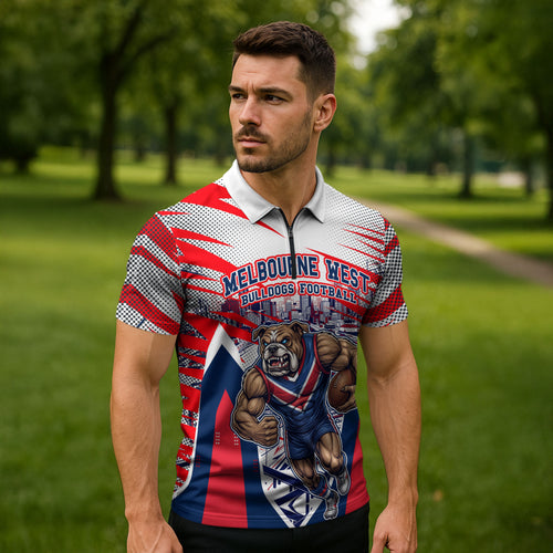 Personalised Western Bulldogs Fan Pride Zipper Polo Shirt Muscular Bulldog Mascot Graphic Art With Melbourne City Skyline