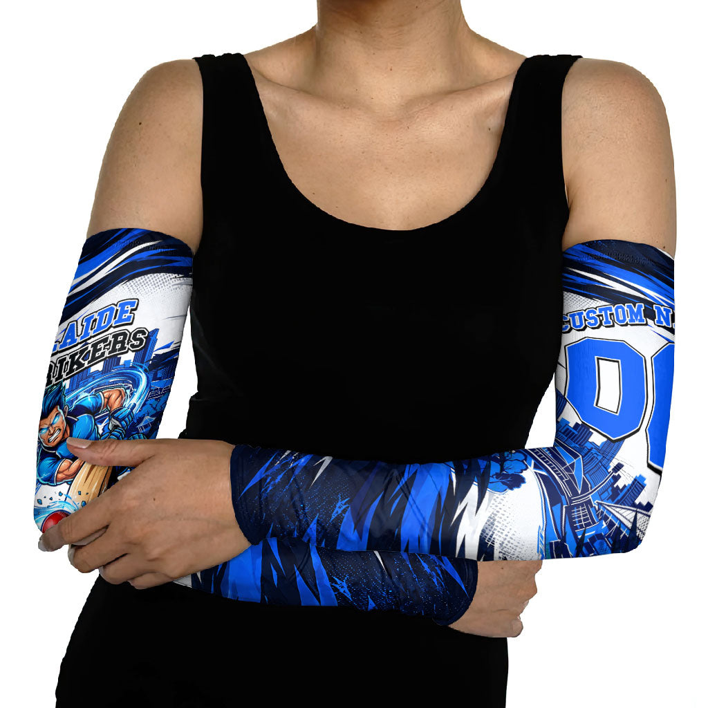 Personalised Adelaide Strikers Cricket Fan Pride Arm Sleeves Dynamic Cricket Graphic Art With Adelaide City Skyline