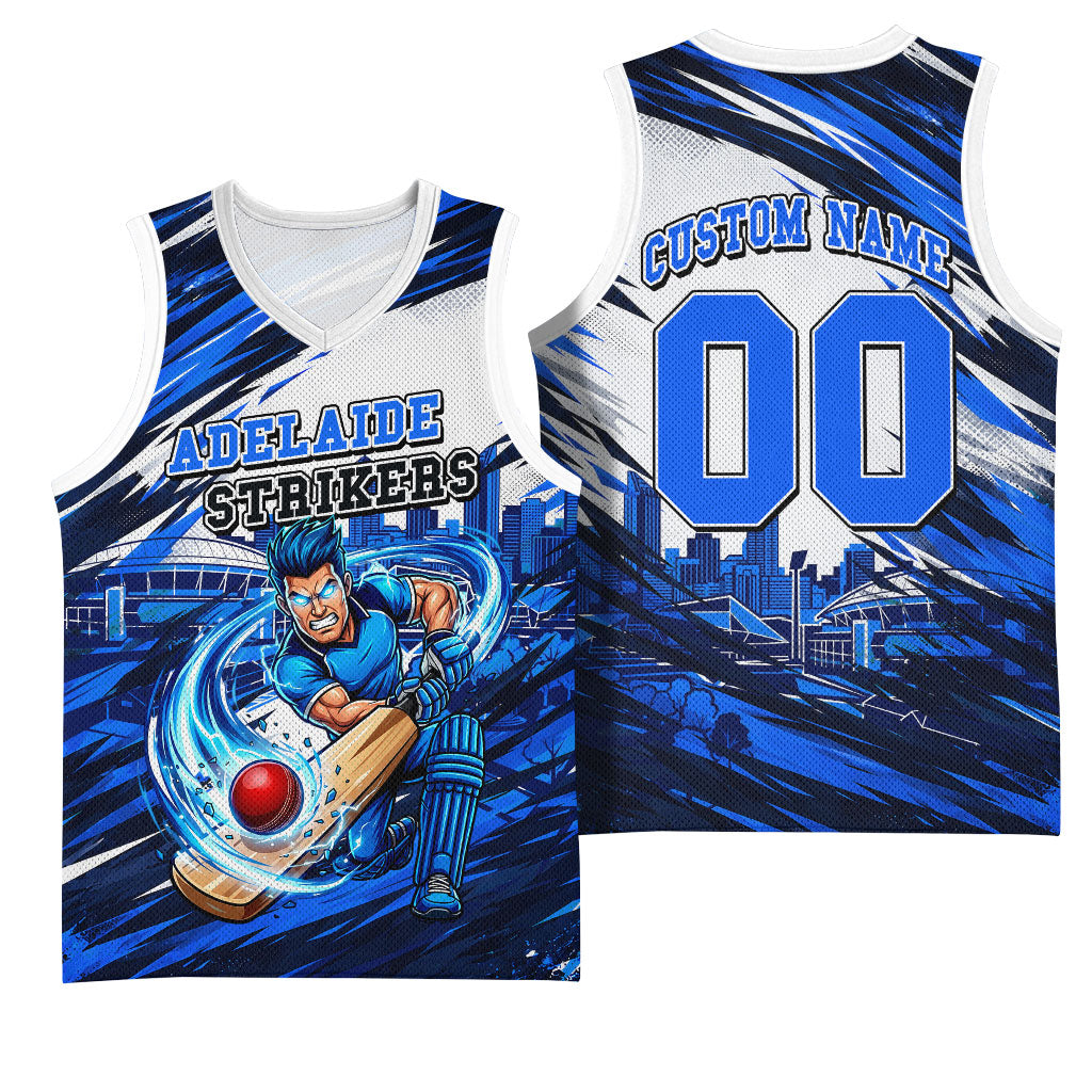 Personalised Adelaide Strikers Cricket Fan Pride Basketball Jersey Dynamic Cricket Graphic Art With Adelaide City Skyline