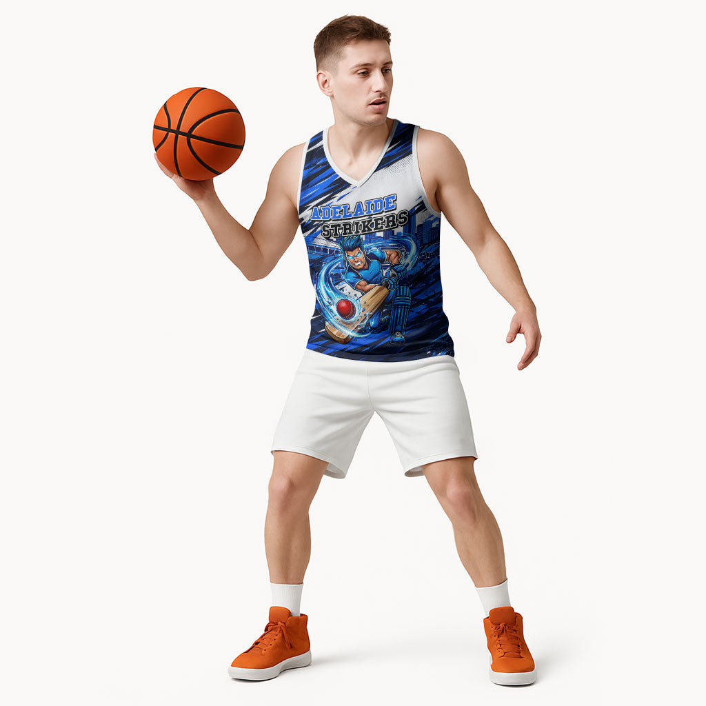 Personalised Adelaide Strikers Cricket Fan Pride Basketball Jersey Dynamic Cricket Graphic Art With Adelaide City Skyline
