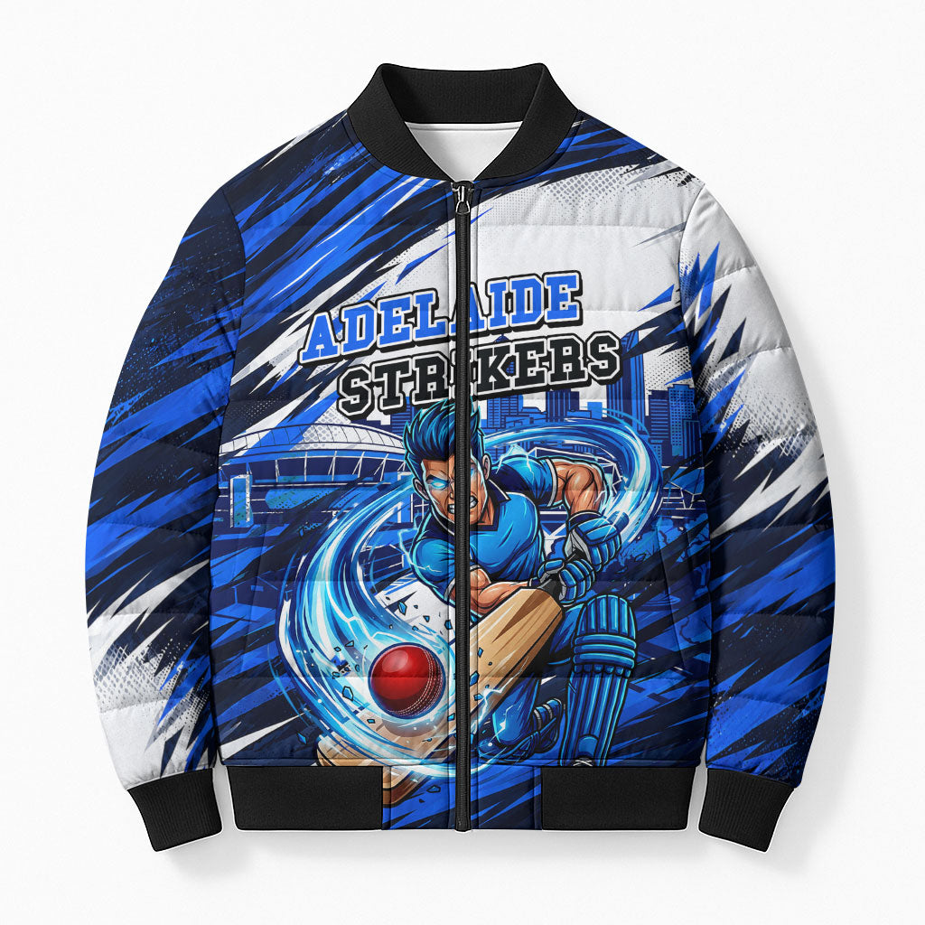 Personalised Adelaide Strikers Cricket Fan Pride Bomber Puffer Jacket Dynamic Cricket Graphic Art With Adelaide City Skyline