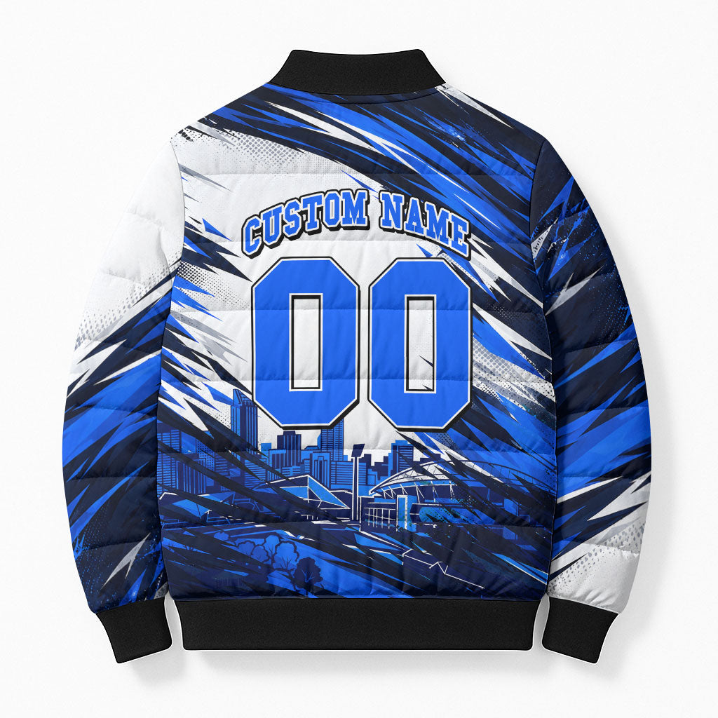 Personalised Adelaide Strikers Cricket Fan Pride Bomber Puffer Jacket Dynamic Cricket Graphic Art With Adelaide City Skyline