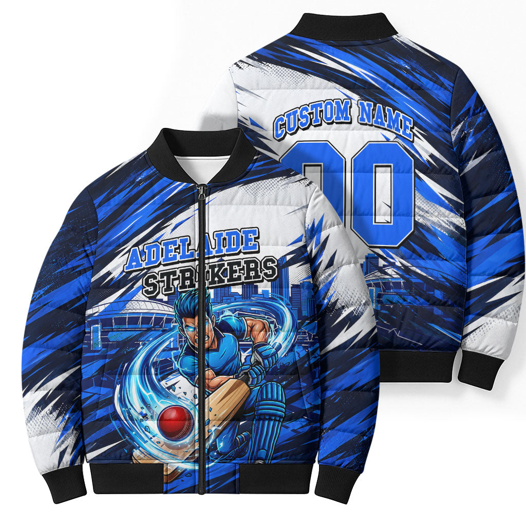 Personalised Adelaide Strikers Cricket Fan Pride Bomber Puffer Jacket Dynamic Cricket Graphic Art With Adelaide City Skyline