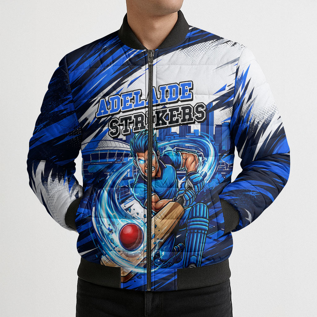 Personalised Adelaide Strikers Cricket Fan Pride Bomber Puffer Jacket Dynamic Cricket Graphic Art With Adelaide City Skyline