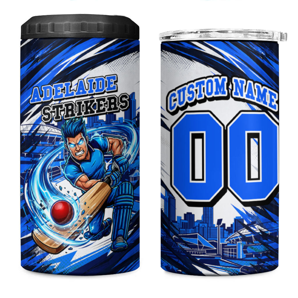 Personalised Adelaide Strikers Cricket Fan Pride 4 in 1 Can Cooler Tumbler Dynamic Cricket Graphic Art With Adelaide City Skyline