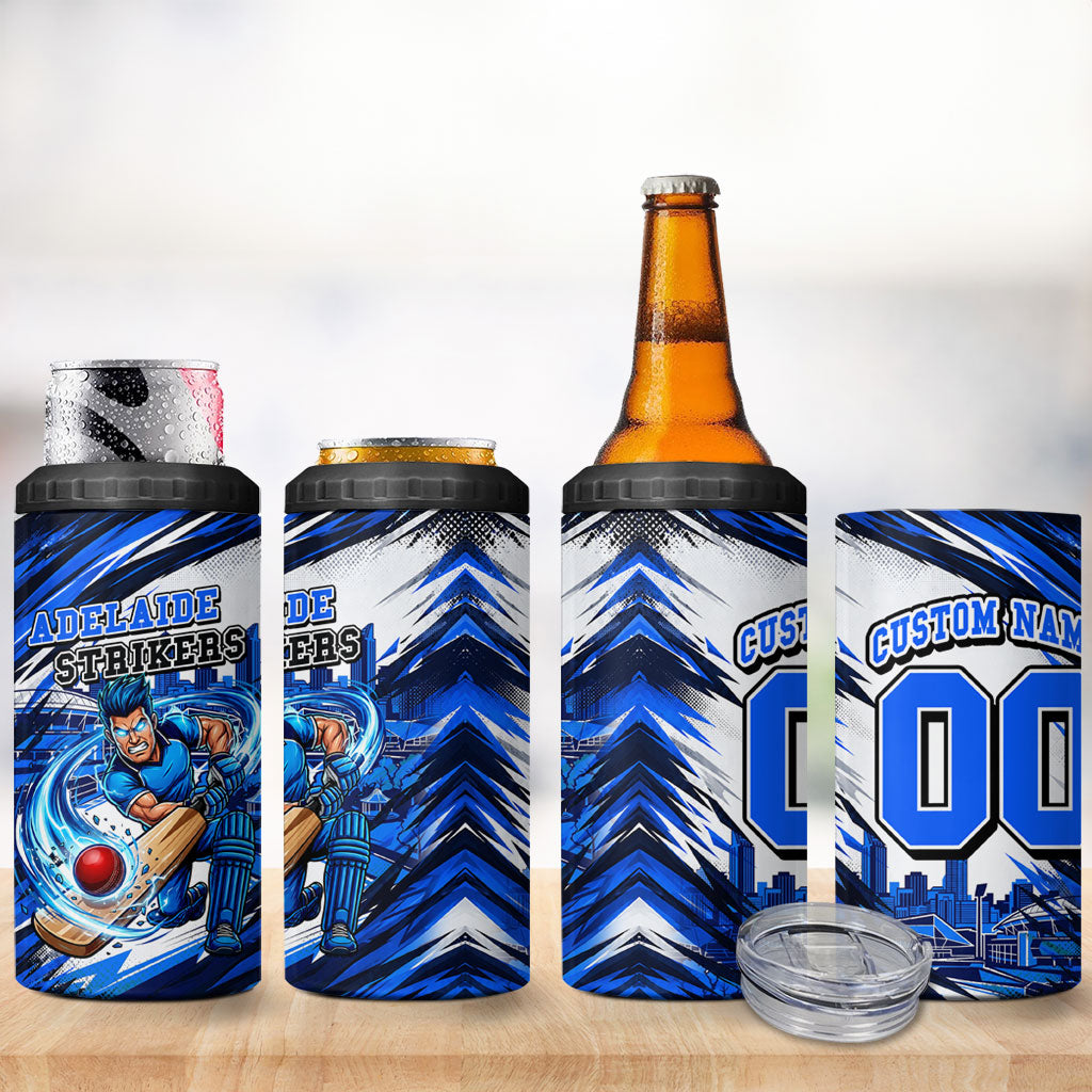 Personalised Adelaide Strikers Cricket Fan Pride 4 in 1 Can Cooler Tumbler Dynamic Cricket Graphic Art With Adelaide City Skyline