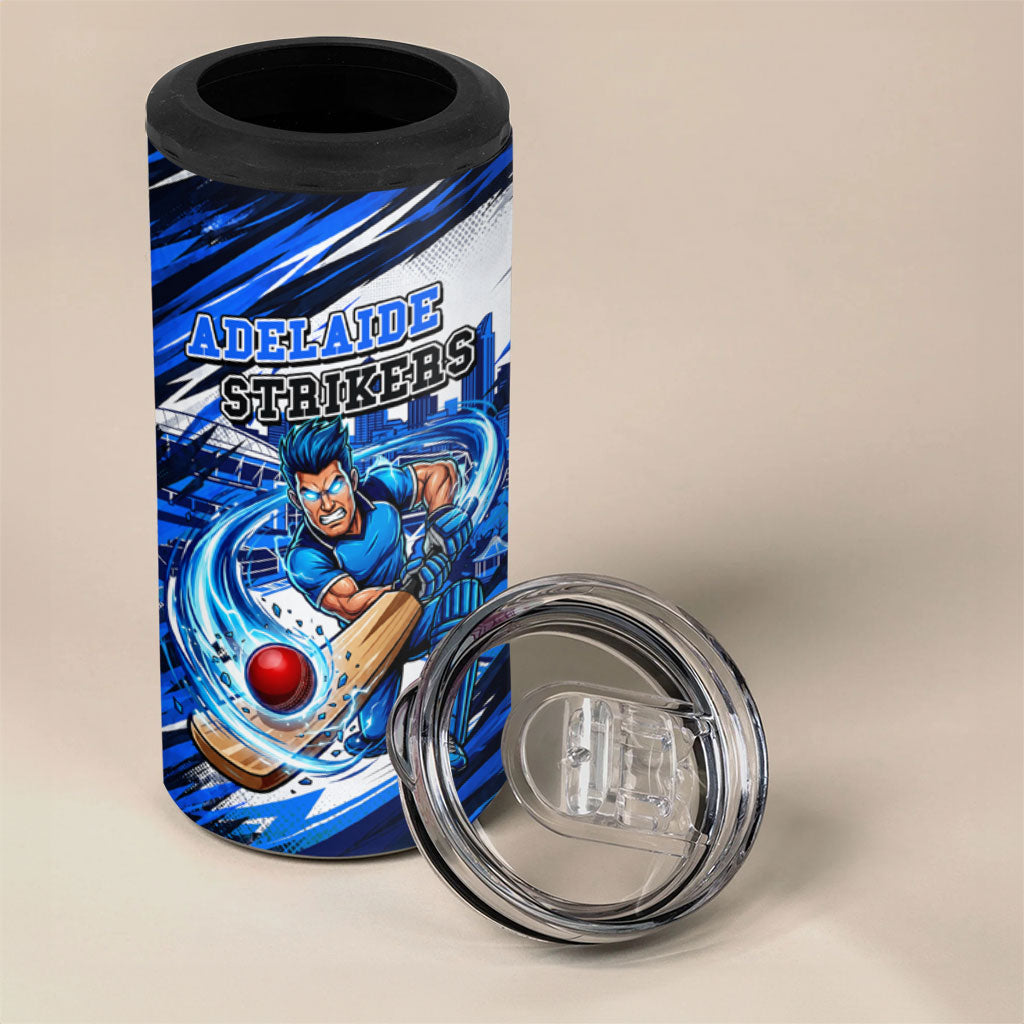 Personalised Adelaide Strikers Cricket Fan Pride 4 in 1 Can Cooler Tumbler Dynamic Cricket Graphic Art With Adelaide City Skyline