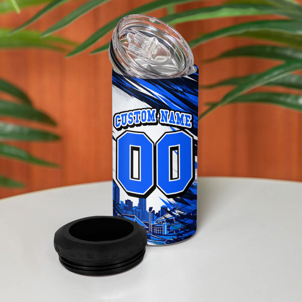 Personalised Adelaide Strikers Cricket Fan Pride 4 in 1 Can Cooler Tumbler Dynamic Cricket Graphic Art With Adelaide City Skyline