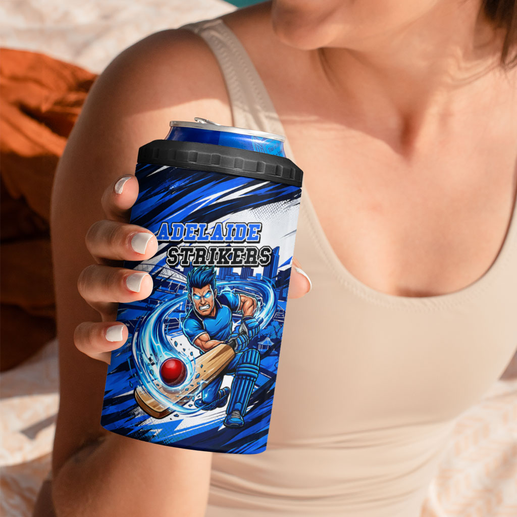 Personalised Adelaide Strikers Cricket Fan Pride 4 in 1 Can Cooler Tumbler Dynamic Cricket Graphic Art With Adelaide City Skyline