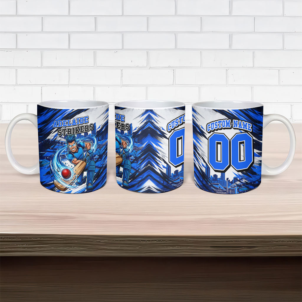 Personalised Adelaide Strikers Cricket Fan Pride Ceramic Mug Dynamic Cricket Graphic Art With Adelaide City Skyline