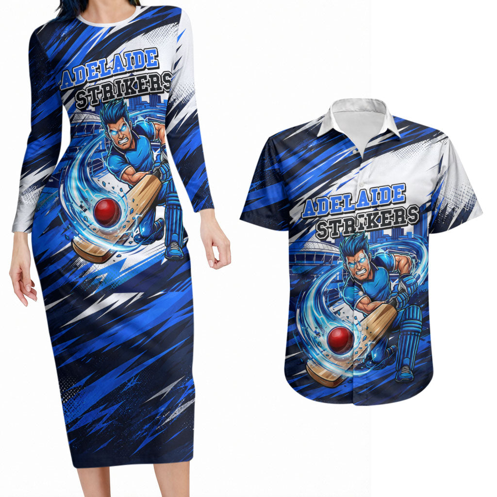 Personalised Adelaide Strikers Cricket Fan Pride Couples Matching Long Sleeve Bodycon Dress and Hawaiian Shirt Dynamic Cricket Graphic Art With Adelaide City Skyline