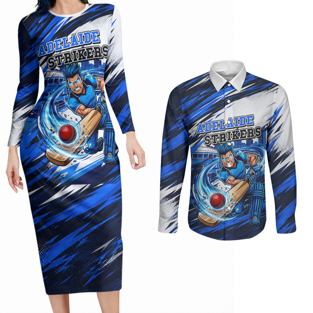 Personalised Adelaide Strikers Cricket Fan Pride Couples Matching Long Sleeve Bodycon Dress and Long Sleeve Button Shirt Dynamic Cricket Graphic Art With Adelaide City Skyline
