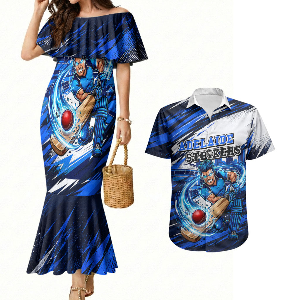 Personalised Adelaide Strikers Cricket Fan Pride Couples Matching Mermaid Dress and Hawaiian Shirt Dynamic Cricket Graphic Art With Adelaide City Skyline
