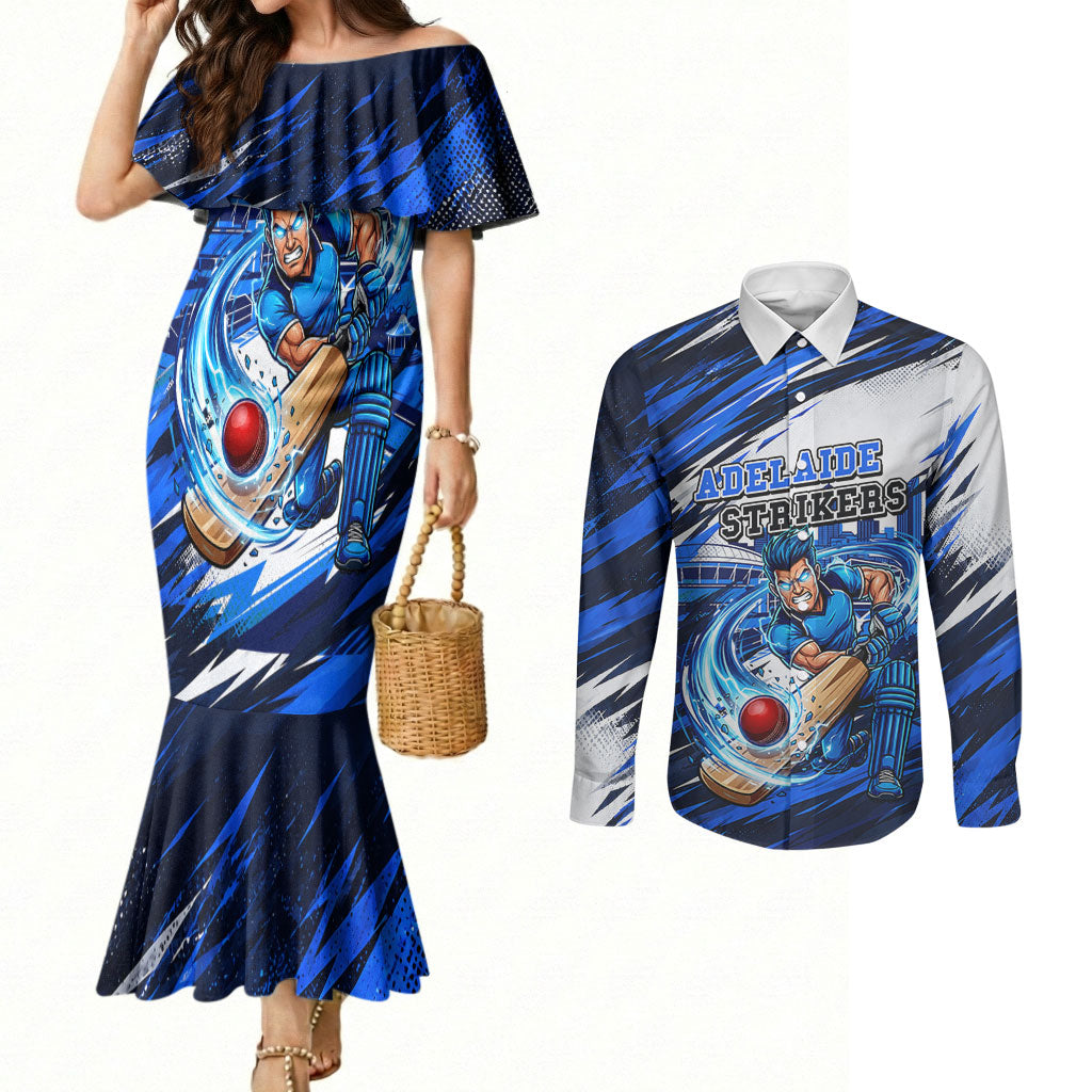 Personalised Adelaide Strikers Cricket Fan Pride Couples Matching Mermaid Dress and Long Sleeve Button Shirt Dynamic Cricket Graphic Art With Adelaide City Skyline