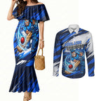 Personalised Adelaide Strikers Cricket Fan Pride Couples Matching Mermaid Dress and Long Sleeve Button Shirt Dynamic Cricket Graphic Art With Adelaide City Skyline