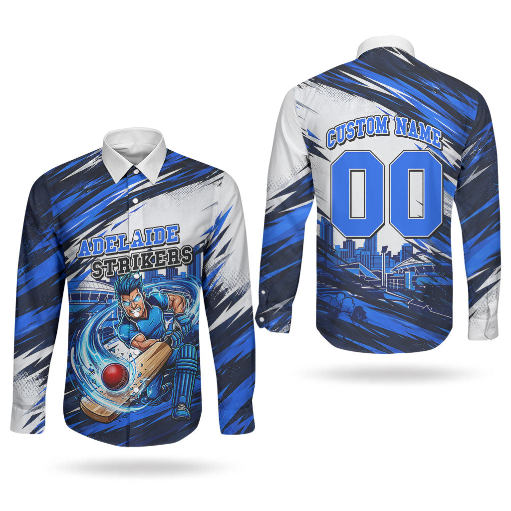 Personalised Adelaide Strikers Cricket Fan Pride Couples Matching Mermaid Dress and Long Sleeve Button Shirt Dynamic Cricket Graphic Art With Adelaide City Skyline