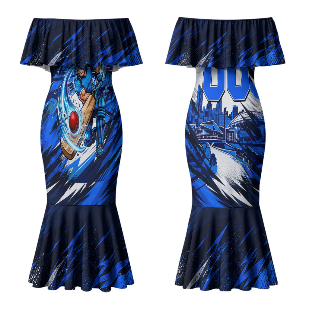 Personalised Adelaide Strikers Cricket Fan Pride Couples Matching Mermaid Dress and Long Sleeve Button Shirt Dynamic Cricket Graphic Art With Adelaide City Skyline