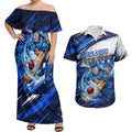 Personalised Adelaide Strikers Cricket Fan Pride Couples Matching Off Shoulder Maxi Dress and Hawaiian Shirt Dynamic Cricket Graphic Art With Adelaide City Skyline
