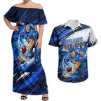 Personalised Adelaide Strikers Cricket Fan Pride Couples Matching Off Shoulder Maxi Dress and Hawaiian Shirt Dynamic Cricket Graphic Art With Adelaide City Skyline