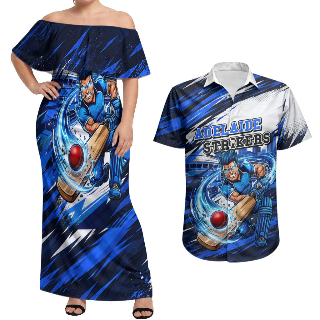 Personalised Adelaide Strikers Cricket Fan Pride Couples Matching Off Shoulder Maxi Dress and Hawaiian Shirt Dynamic Cricket Graphic Art With Adelaide City Skyline