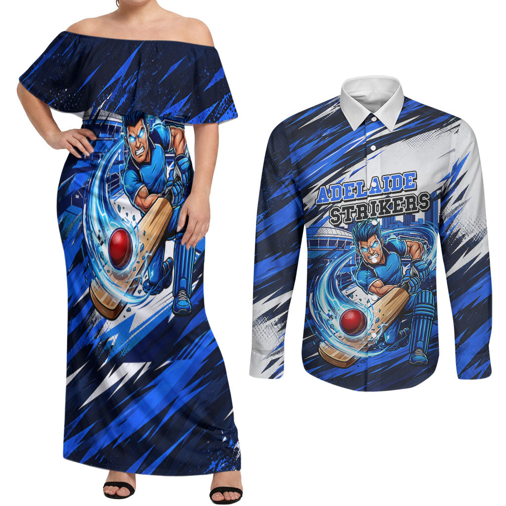 Personalised Adelaide Strikers Cricket Fan Pride Couples Matching Off Shoulder Maxi Dress and Long Sleeve Button Shirt Dynamic Cricket Graphic Art With Adelaide City Skyline