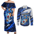Personalised Adelaide Strikers Cricket Fan Pride Couples Matching Off Shoulder Maxi Dress and Long Sleeve Button Shirt Dynamic Cricket Graphic Art With Adelaide City Skyline